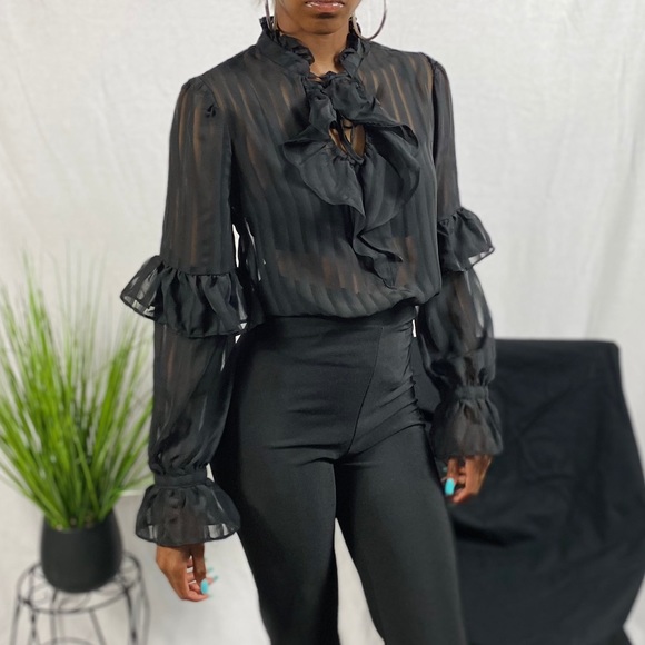 Burgundy Sheer Ruffle Top - Picture 3 of 3